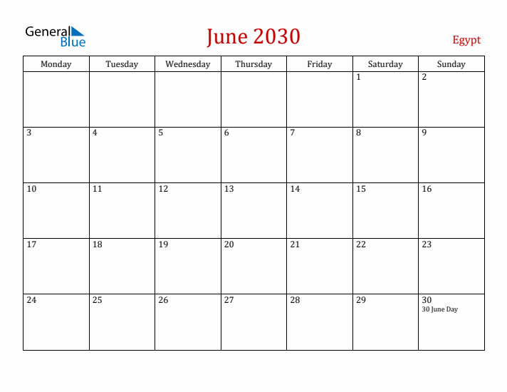 Egypt June 2030 Calendar - Monday Start