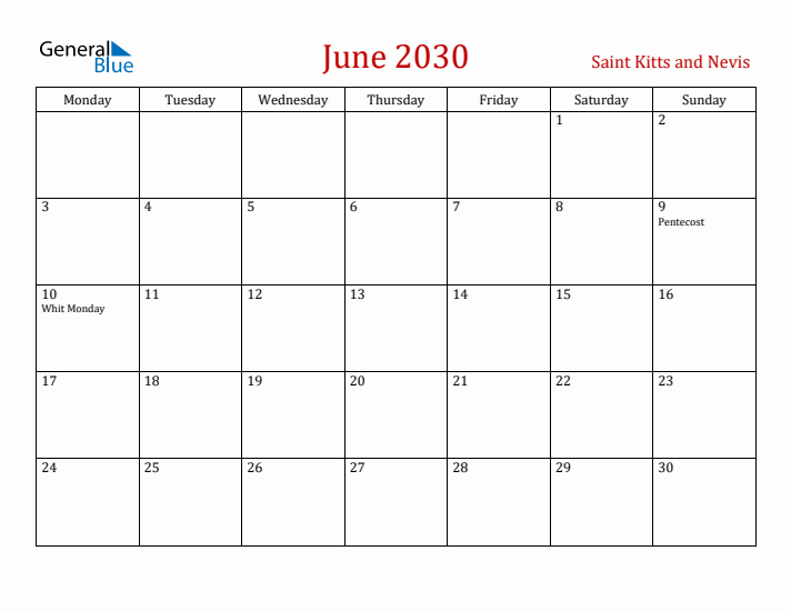 Saint Kitts and Nevis June 2030 Calendar - Monday Start
