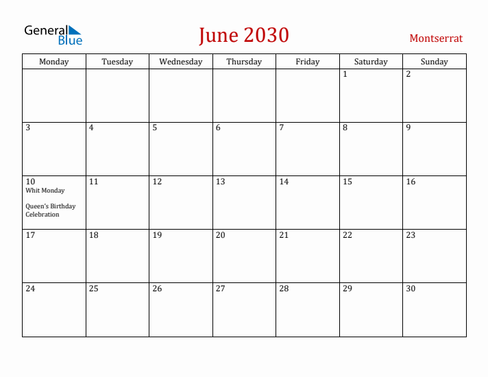 Montserrat June 2030 Calendar - Monday Start