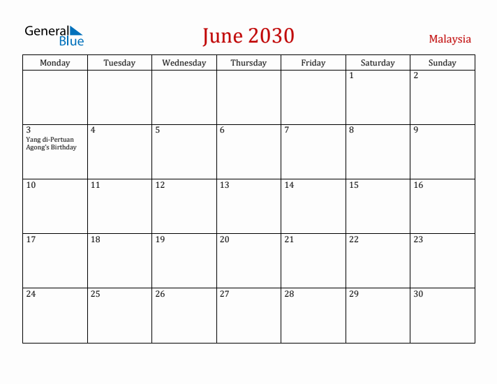 Malaysia June 2030 Calendar - Monday Start