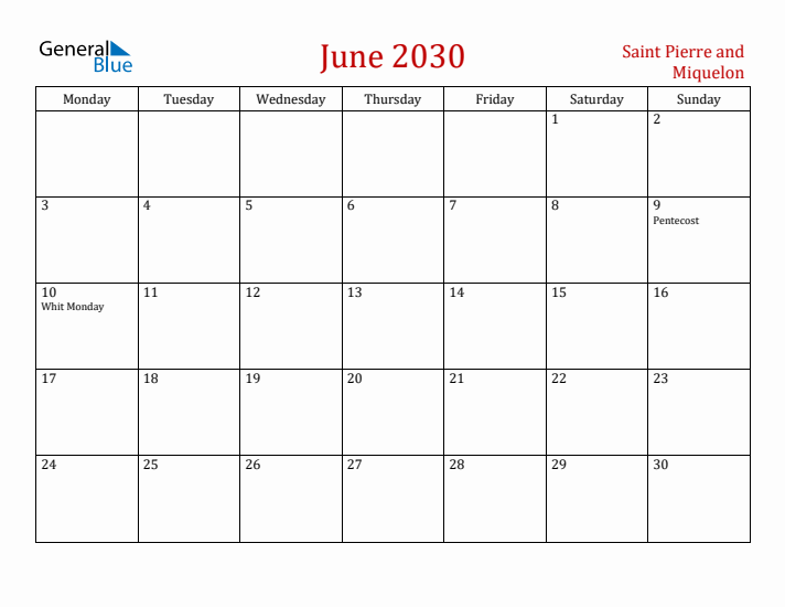 Saint Pierre and Miquelon June 2030 Calendar - Monday Start