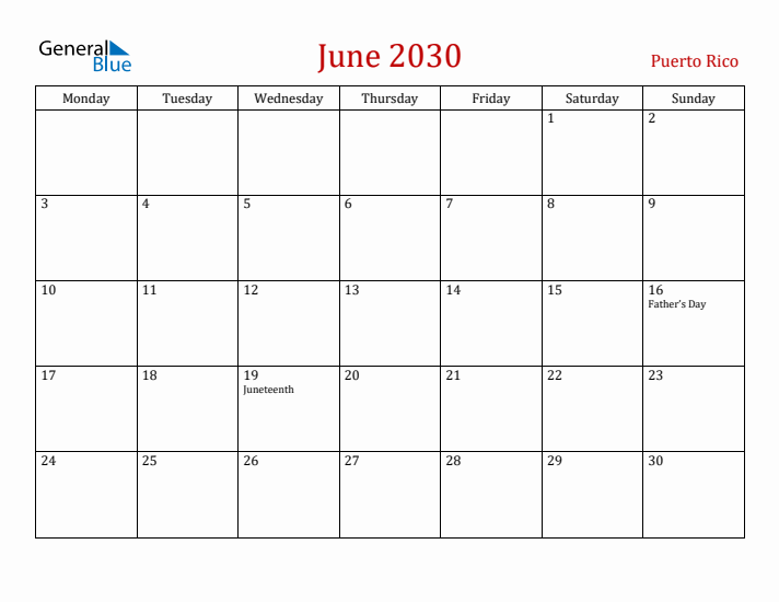 Puerto Rico June 2030 Calendar - Monday Start