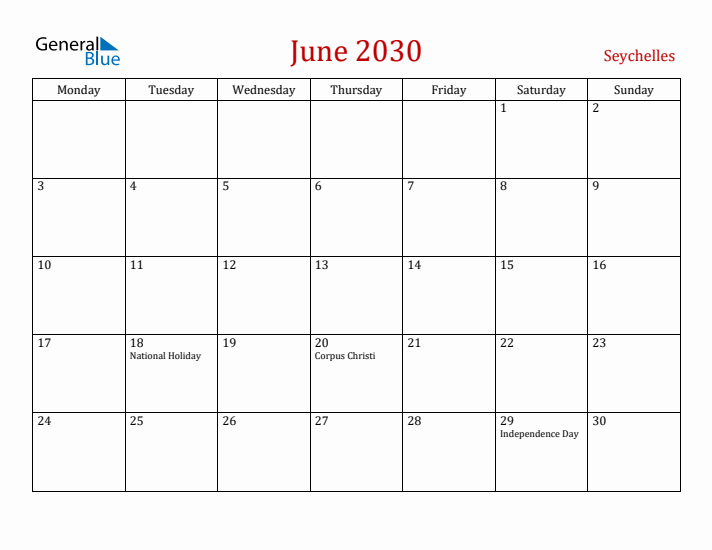 Seychelles June 2030 Calendar - Monday Start