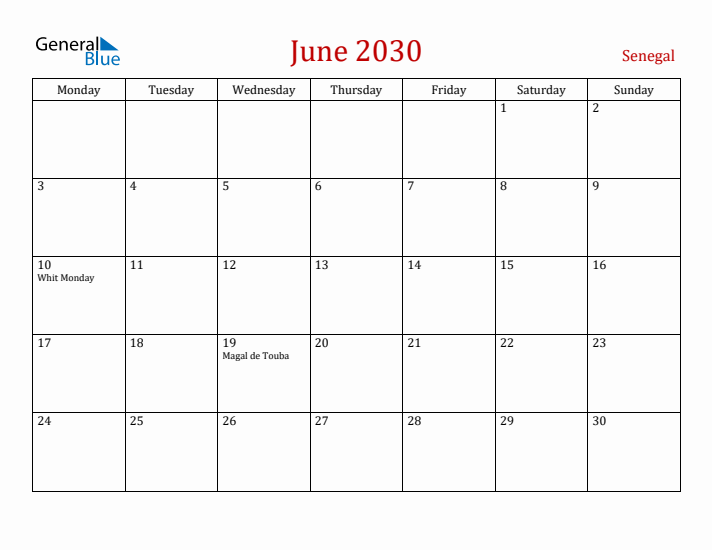 Senegal June 2030 Calendar - Monday Start