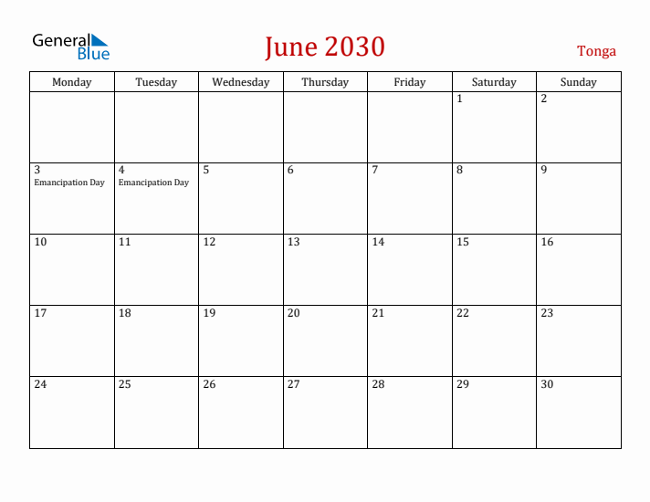 Tonga June 2030 Calendar - Monday Start