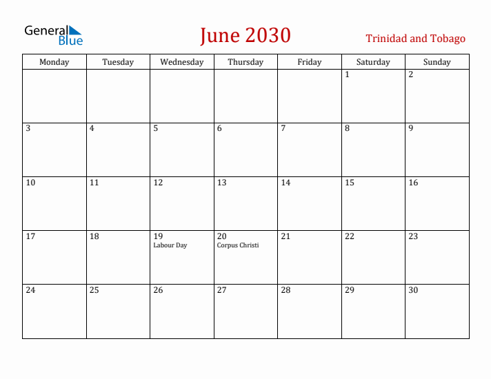 Trinidad and Tobago June 2030 Calendar - Monday Start