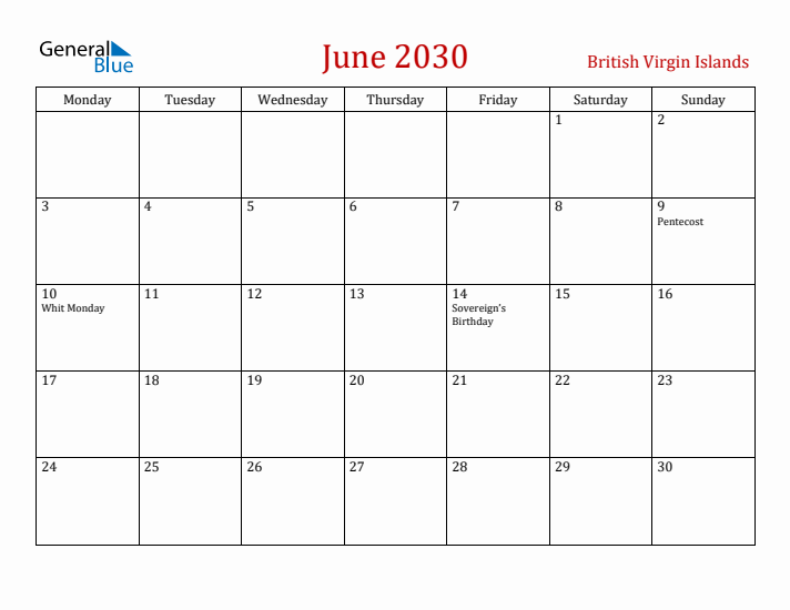 British Virgin Islands June 2030 Calendar - Monday Start