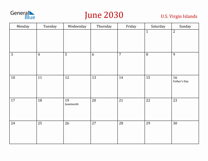 U.S. Virgin Islands June 2030 Calendar - Monday Start