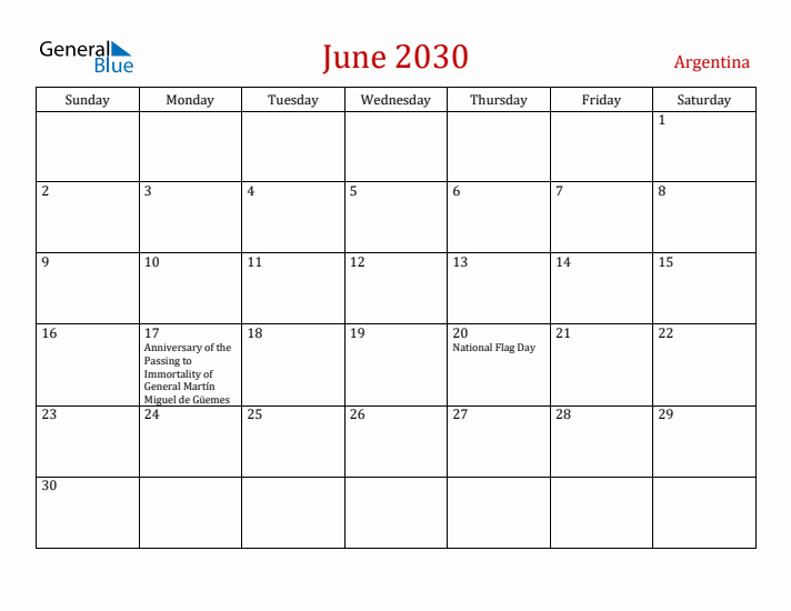 Argentina June 2030 Calendar - Sunday Start