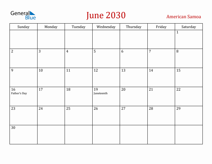 American Samoa June 2030 Calendar - Sunday Start