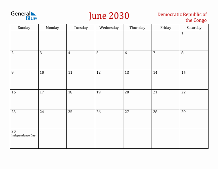 Democratic Republic of the Congo June 2030 Calendar - Sunday Start