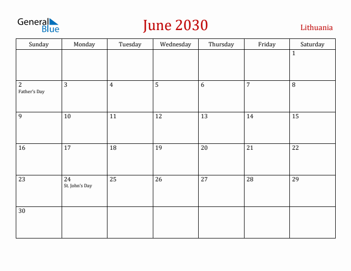 Lithuania June 2030 Calendar - Sunday Start