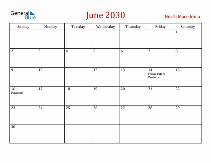 North Macedonia June 2030 Calendar - Sunday Start