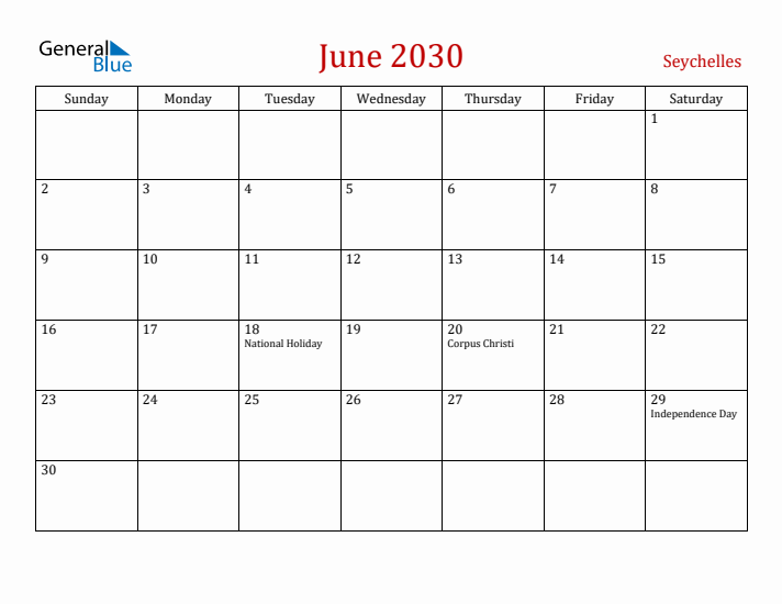 Seychelles June 2030 Calendar - Sunday Start