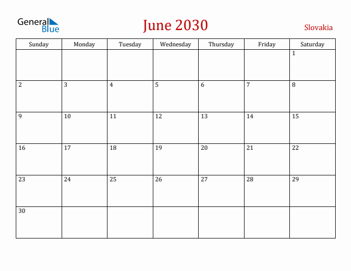 Slovakia June 2030 Calendar - Sunday Start