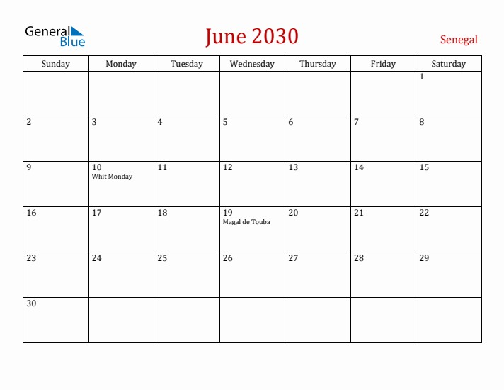 Senegal June 2030 Calendar - Sunday Start