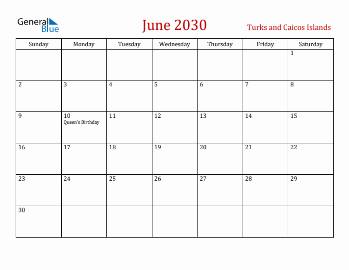 Turks and Caicos Islands June 2030 Calendar - Sunday Start