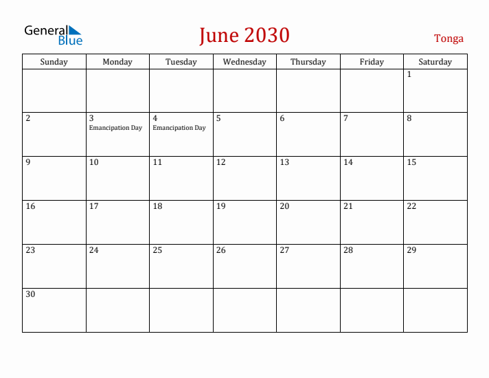 Tonga June 2030 Calendar - Sunday Start