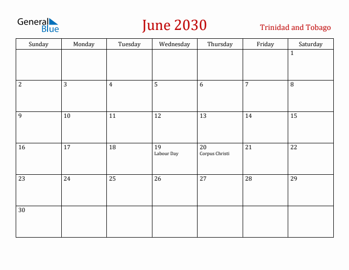 Trinidad and Tobago June 2030 Calendar - Sunday Start
