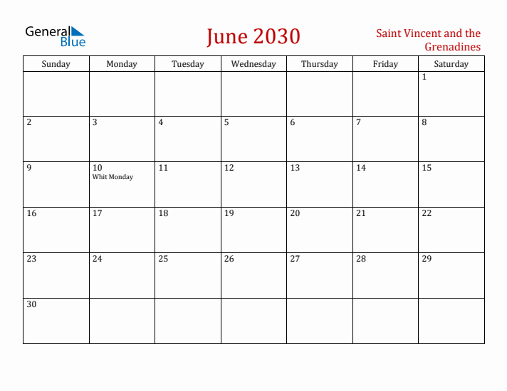 Saint Vincent and the Grenadines June 2030 Calendar - Sunday Start