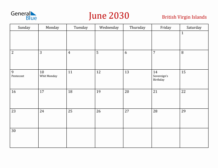 British Virgin Islands June 2030 Calendar - Sunday Start