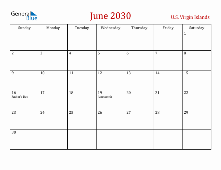 U.S. Virgin Islands June 2030 Calendar - Sunday Start
