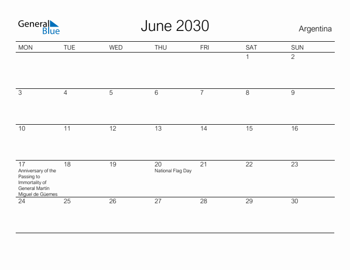 Printable June 2030 Calendar for Argentina