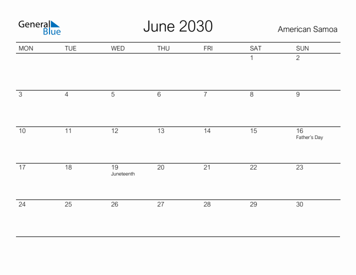 Printable June 2030 Calendar for American Samoa