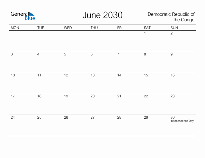 Printable June 2030 Calendar for Democratic Republic of the Congo