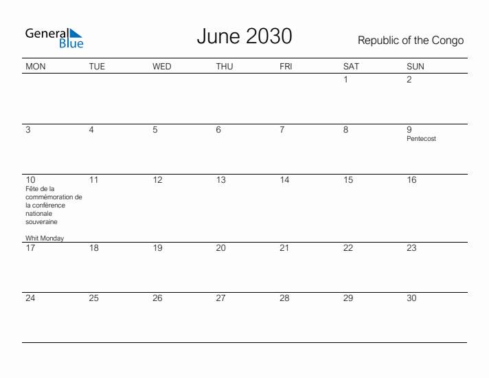 Printable June 2030 Calendar for Republic of the Congo