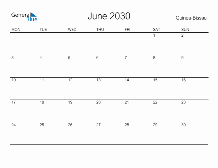 Printable June 2030 Calendar for Guinea-Bissau