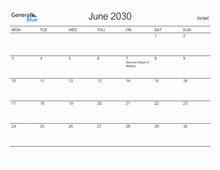Printable June 2030 Calendar for Israel