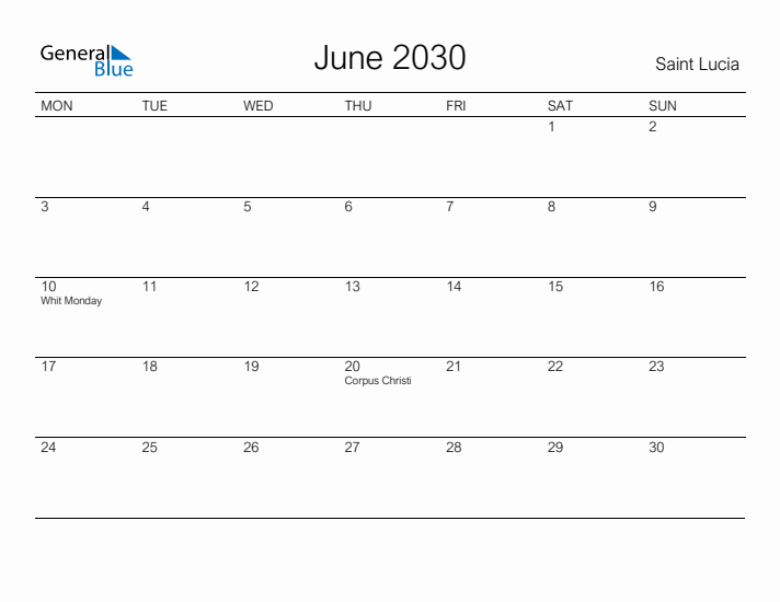 Printable June 2030 Calendar for Saint Lucia