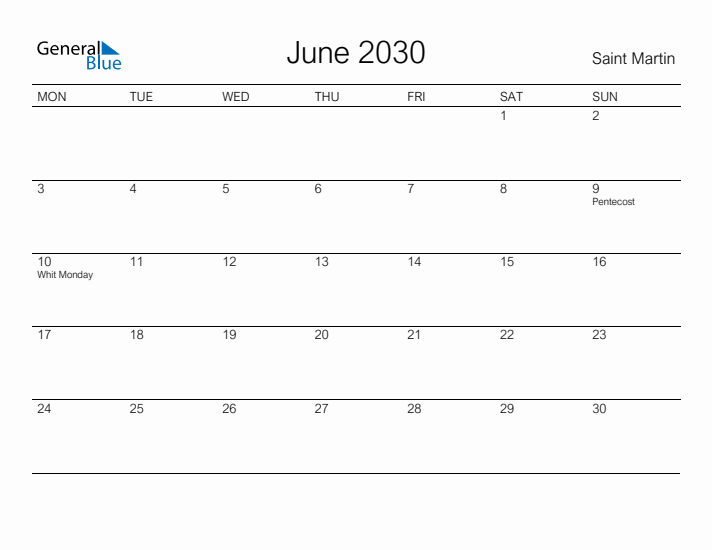 Printable June 2030 Calendar for Saint Martin