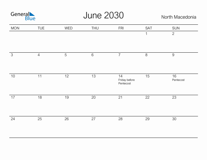 Printable June 2030 Calendar for North Macedonia