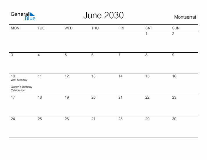 Printable June 2030 Calendar for Montserrat