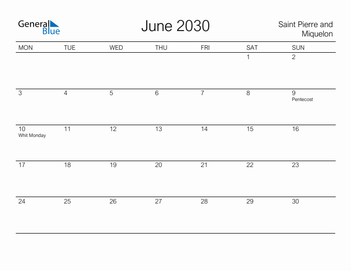 Printable June 2030 Calendar for Saint Pierre and Miquelon