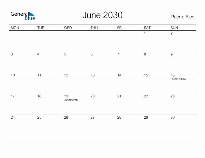 Printable June 2030 Calendar for Puerto Rico