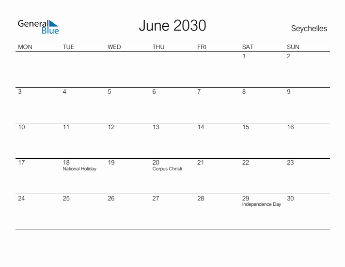 Printable June 2030 Calendar for Seychelles