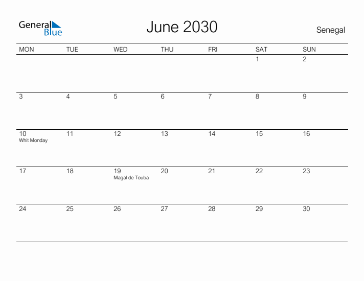 Printable June 2030 Calendar for Senegal