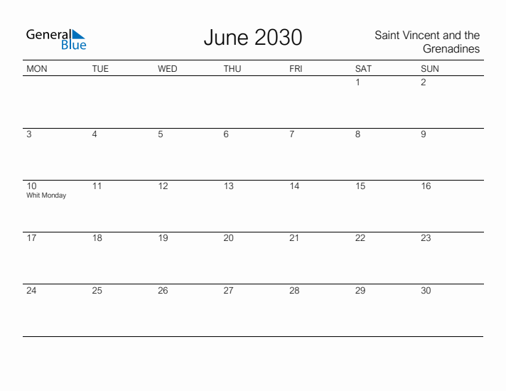 Printable June 2030 Calendar for Saint Vincent and the Grenadines