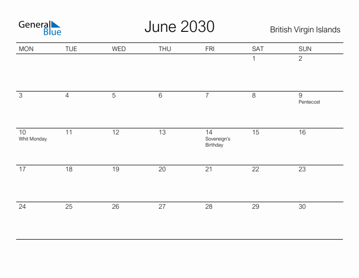 Printable June 2030 Calendar for British Virgin Islands