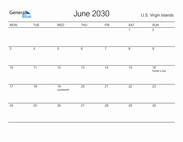 Printable June 2030 Calendar for U.S. Virgin Islands