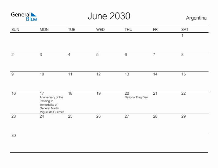 Printable June 2030 Calendar for Argentina