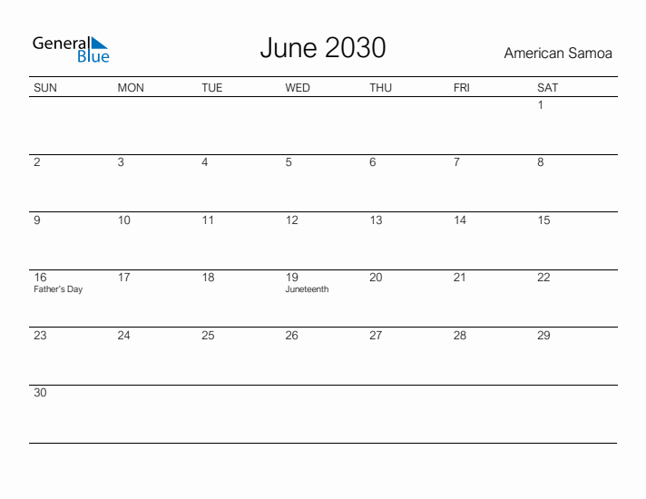 Printable June 2030 Calendar for American Samoa