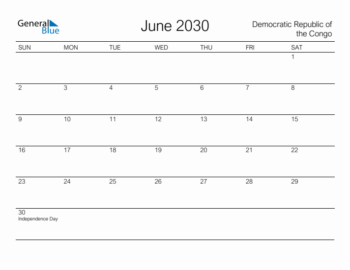 Printable June 2030 Calendar for Democratic Republic of the Congo