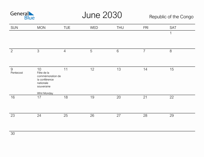 Printable June 2030 Calendar for Republic of the Congo