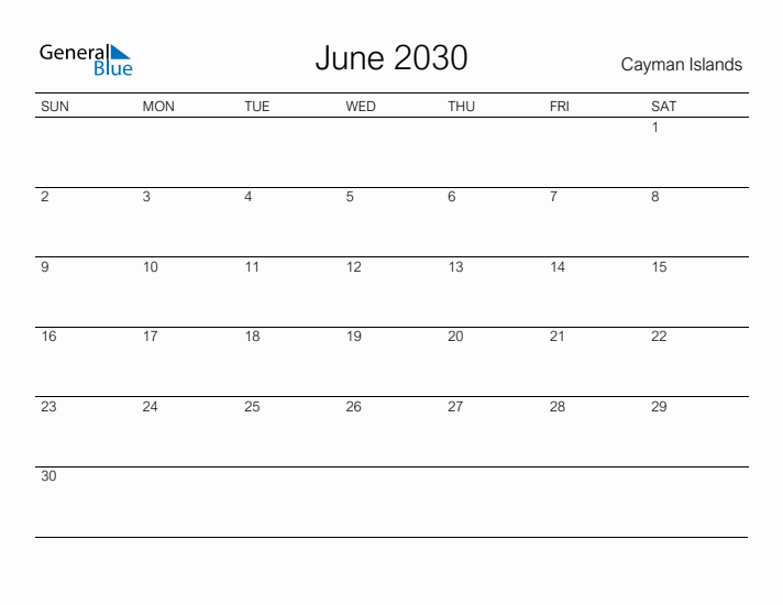 Printable June 2030 Calendar for Cayman Islands