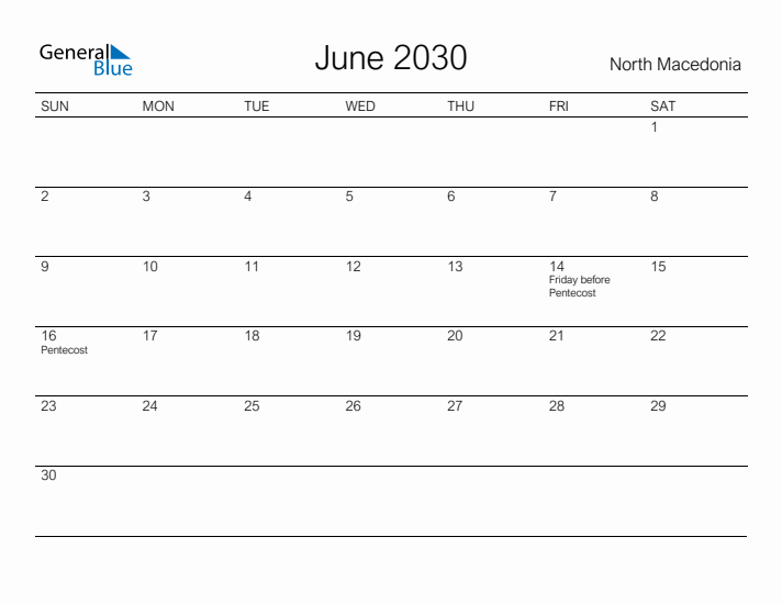 Printable June 2030 Calendar for North Macedonia