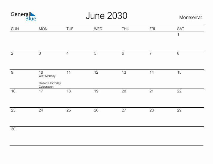 Printable June 2030 Calendar for Montserrat